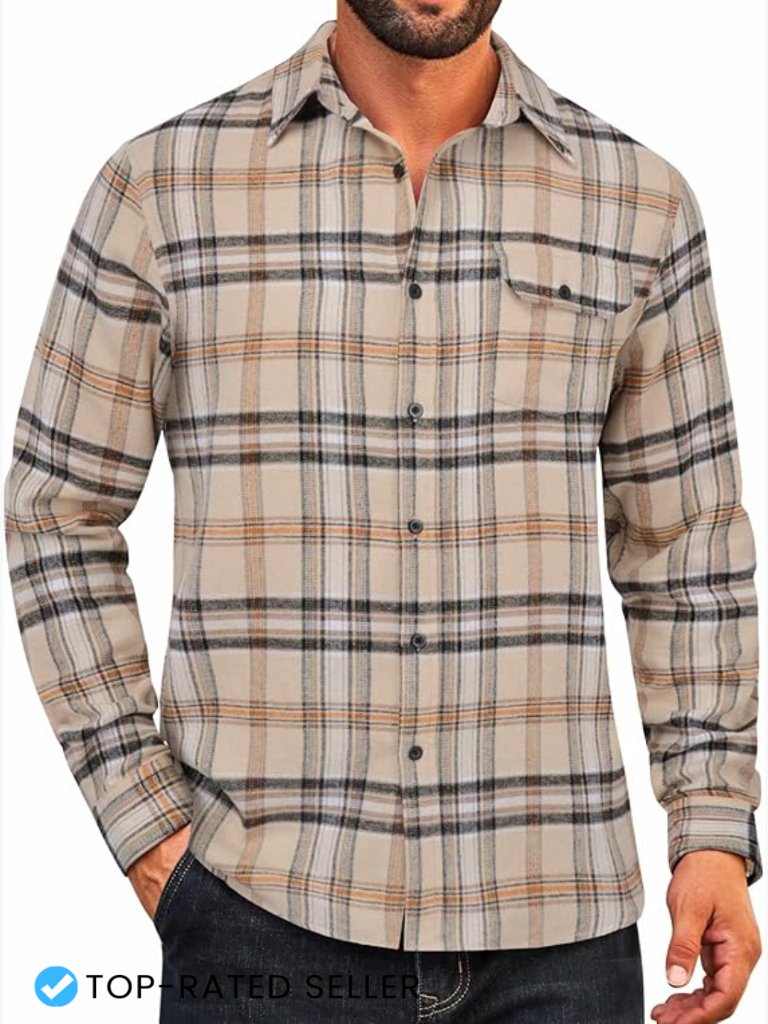 Long Sleeve Flannel Plaid Shirt Casual Button Down With Pocket Regular Fit